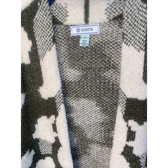 Susina Camo Open Front Long Cardigan Sweater Fuzzy Cozy Soft Army Green M New - Picture 2 of 7